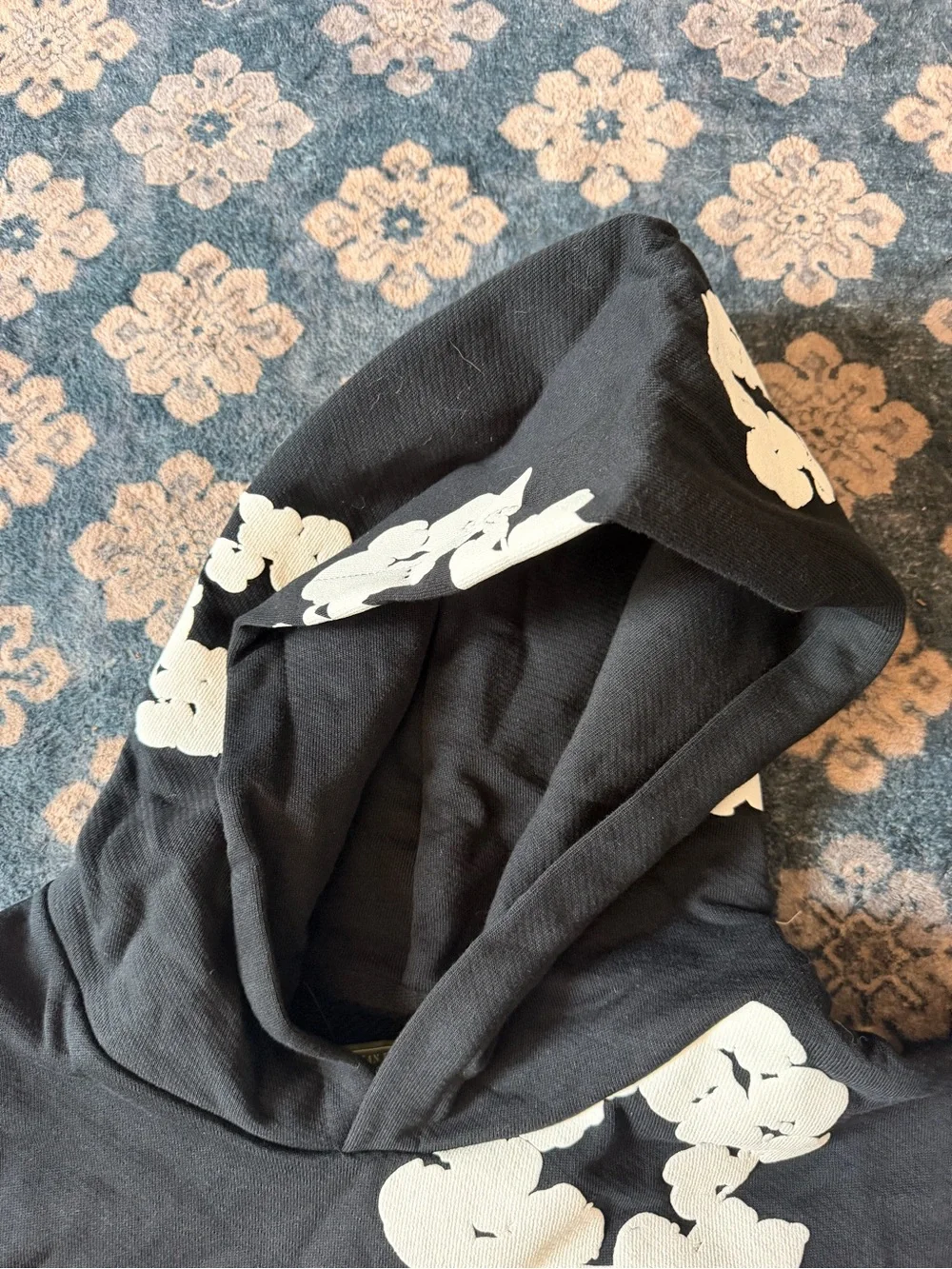 Black Crewneck Hoodie with Cream Floral Appliqué